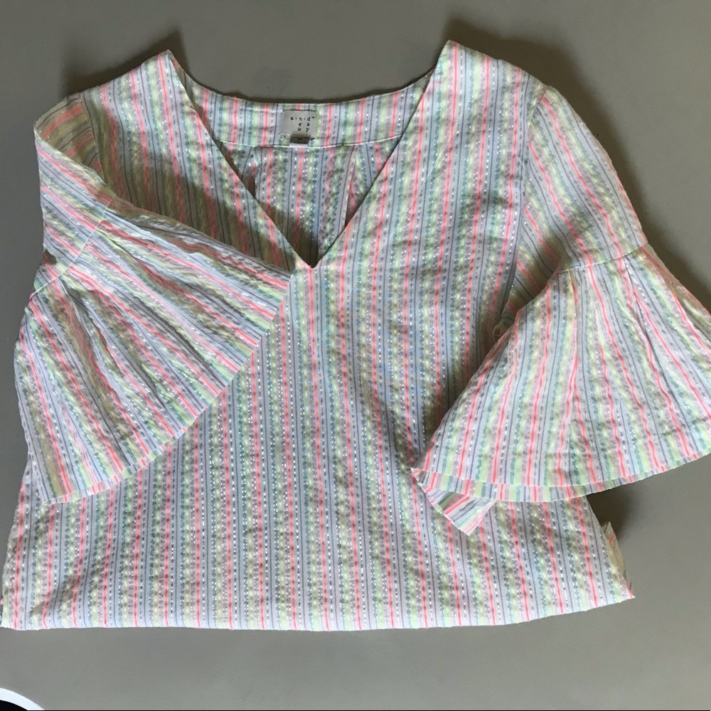 A NEW DAY Seersucker Ruffle Bell Sleeve Metallic Sparkle Neon Striped Blouse - Picture 6 of 9
